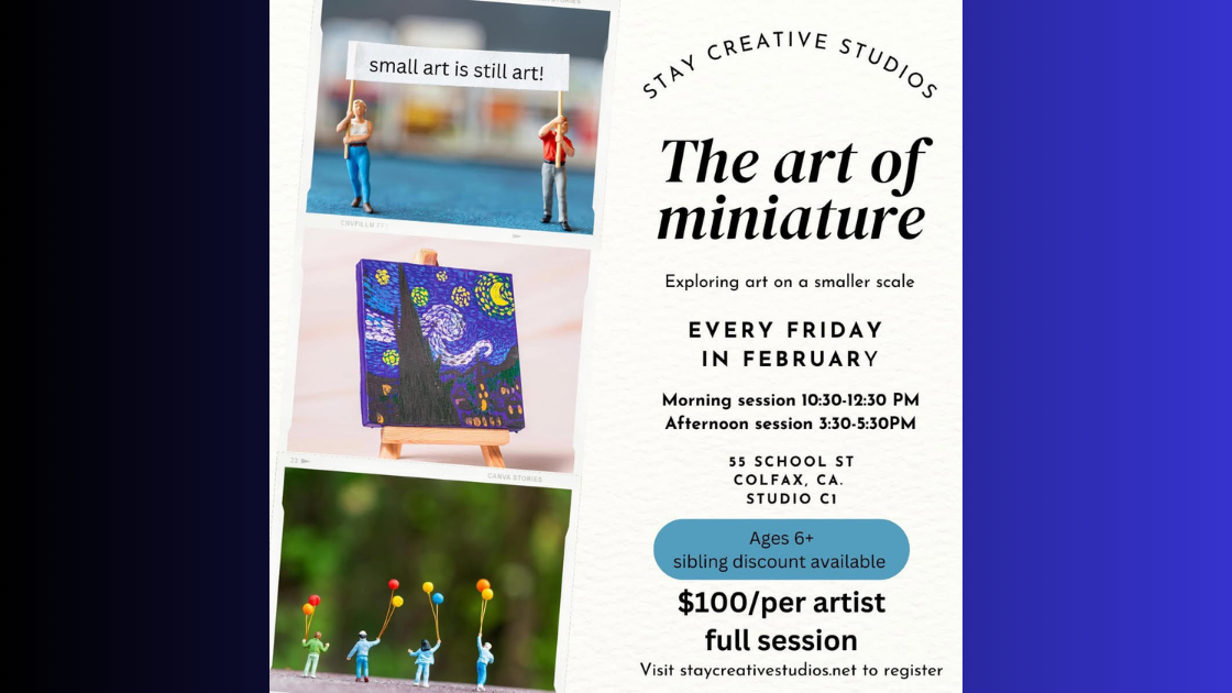 Miniature art class at Stay Creative Studios in Colfax, CA, showcasing small-scale sculptures and paintings for all ages.