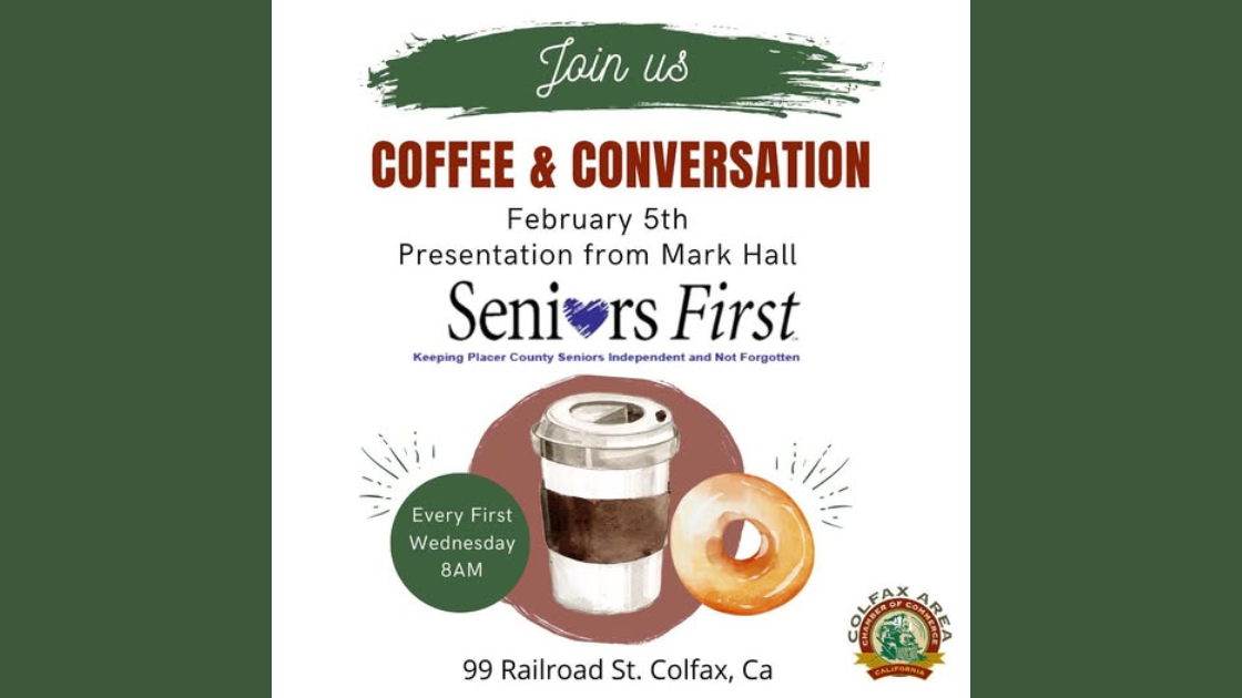 Colfax Chamber Coffee & Conversations event featuring Mark Hall from Seniors First, bringing community members together for discussion and networking.