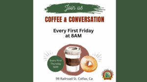 Coffee and donut illustration for Colfax Chamber Coffee Meet-Up flyer