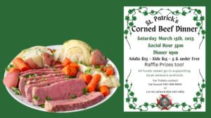 St. Patrick’s Corned Beef Dinner event flyer with details about the fundraiser, including ticket prices, event time, and contact information. A plate of corned beef, cabbage, carrots, and potatoes is shown on the side.