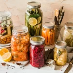 Jars of homemade sauerkraut and pickled vegetables made during a fermentation workshop in Historic Downtown Colfax, California