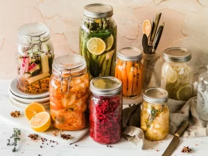 Jars of homemade sauerkraut and pickled vegetables made during a fermentation workshop in Historic Downtown Colfax, California