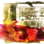 Colorful layered gel plate prints created during a printmaking workshop in Historic Downtown Colfax, California