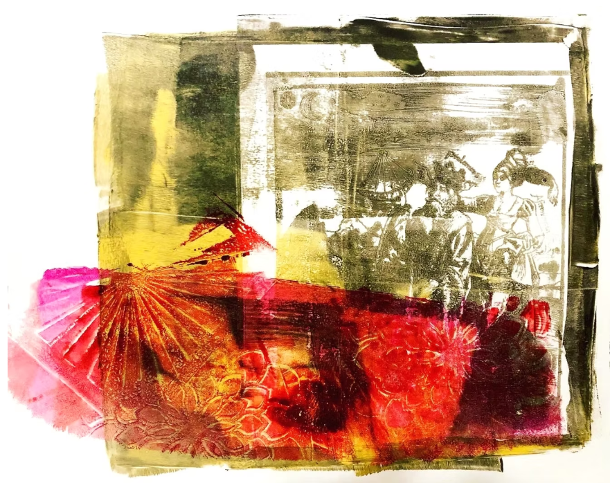Colorful layered gel plate prints created during a printmaking workshop in Historic Downtown Colfax, California