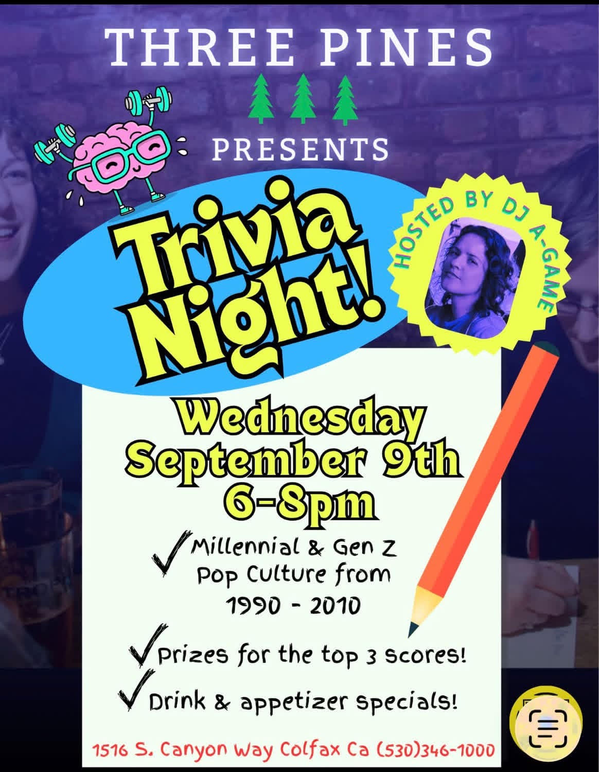 Flyer for Trivia Night at Three Pines in Colfax, CA, Wednesday, September 9